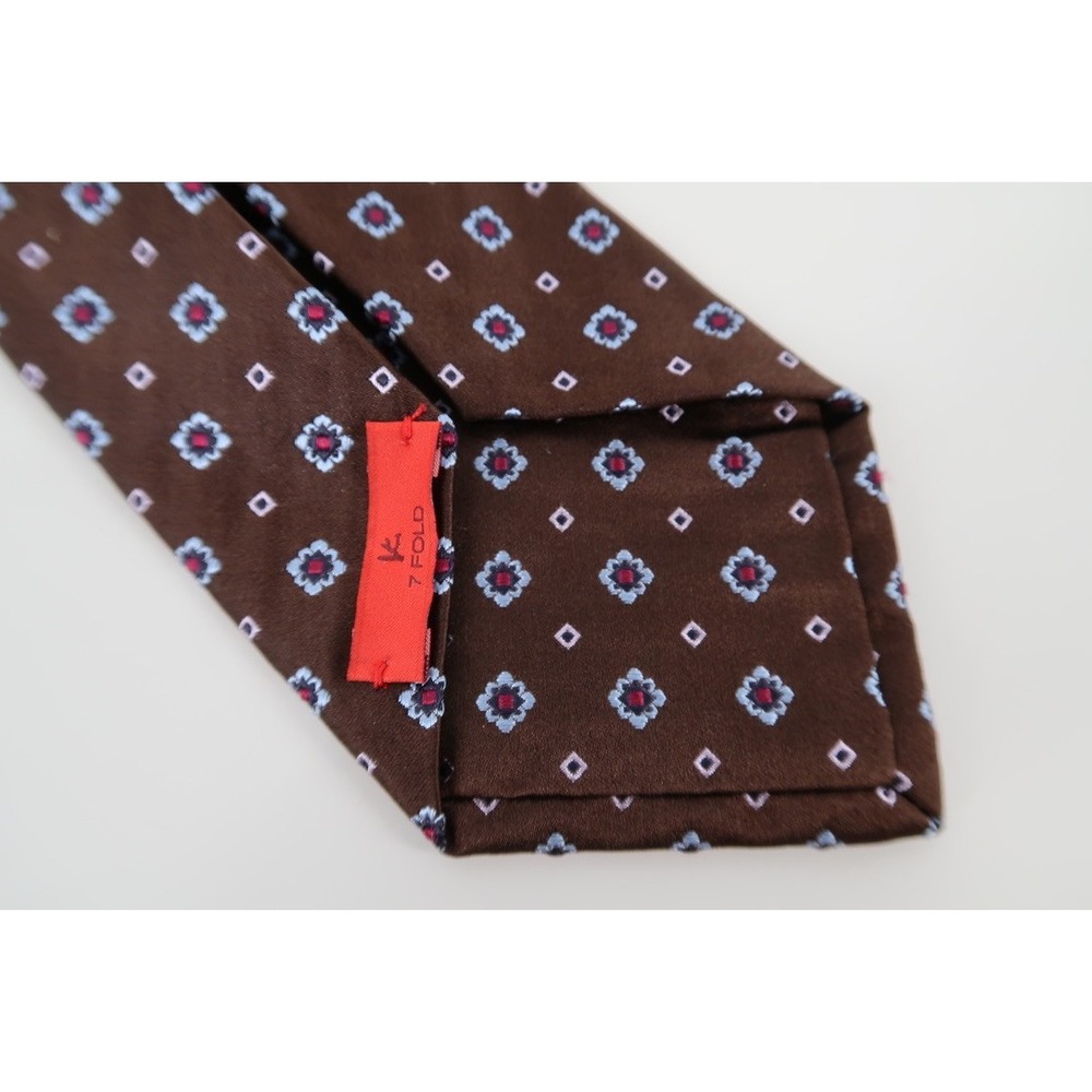 Isaia Napoli Silk Tie Mens OS Brown Blue Floral Geometric 7-Fold Handmade Italy - Picture 3 of 10